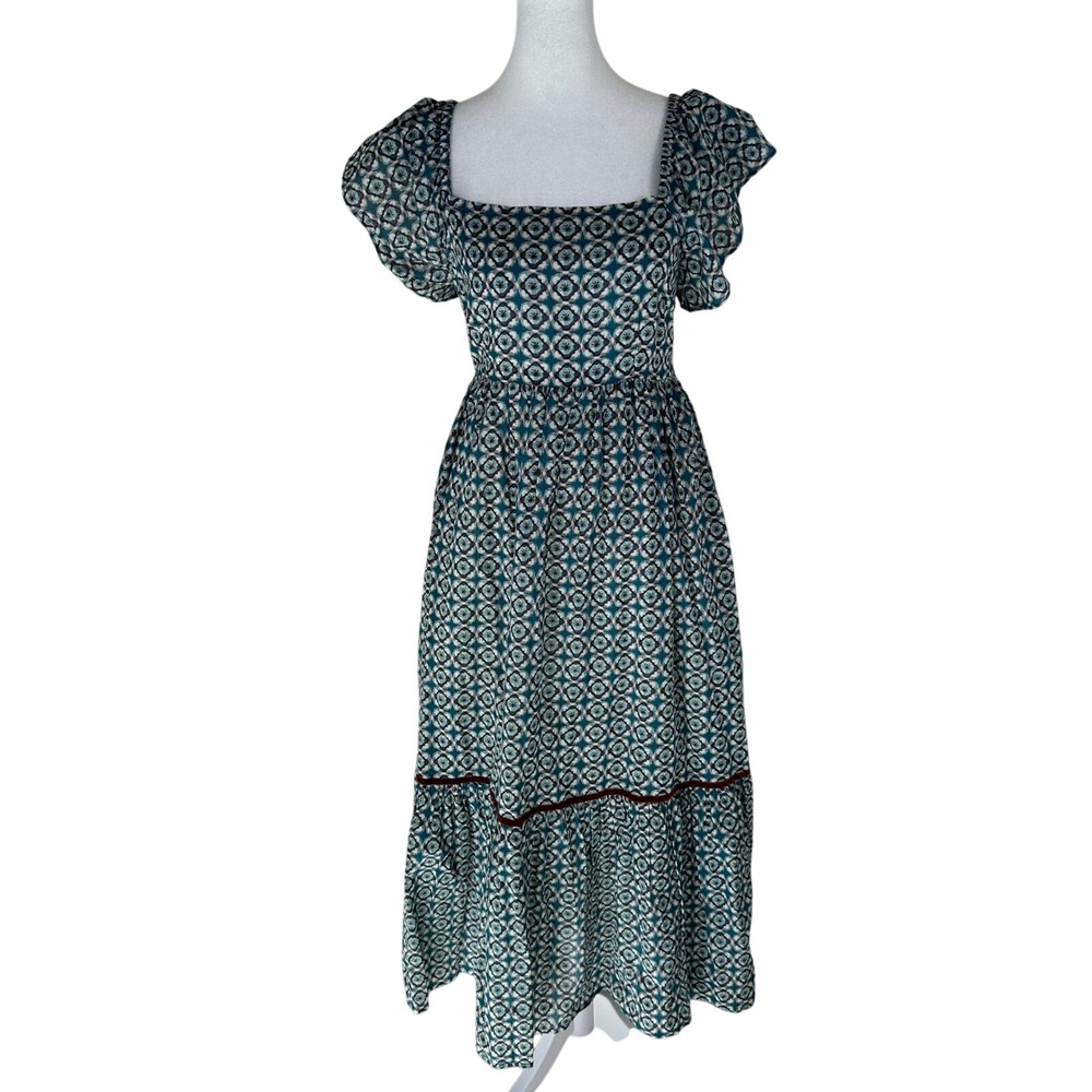 Olivia James The Label Midi Dress Women S Teal Burgundy Geometric Cotton Smocked